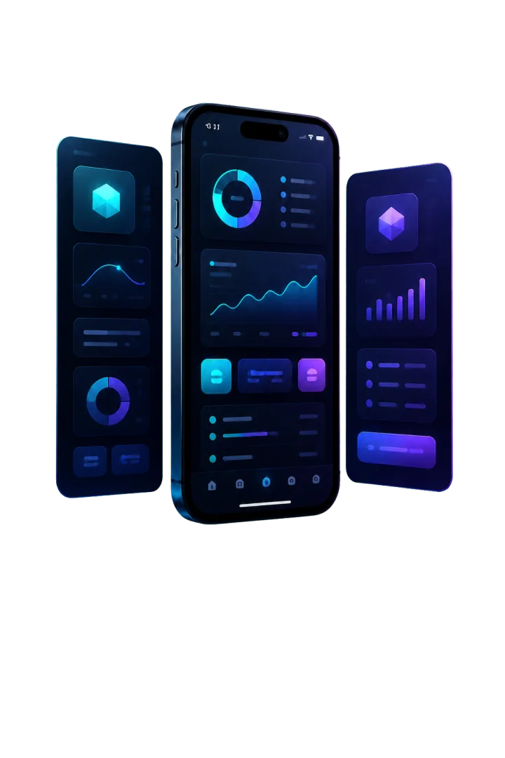 Smartphone-Mockup mit modernen App-Oberflächen und technischen Ebenen